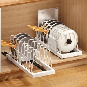 Organisateur de casseroles et poêles sous l'armoire, support organisateur de couvercle de Pot extractible profond avec garde-corps, Pot adhésif et support de casserole 1 pièce