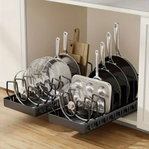 Support de rangement pour ustensiles de cuisine et poêles à frire avec couvercle coulissant, boîte de rangement disponible pour 4 saisons, adapté au placement sous les armoires