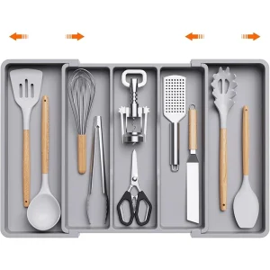 Organisateur d'ustensiles extensible pour tiroirs de cuisine, grand tiroir en argenterie, diviseur, plateau à ustensiles de cuisine réglable