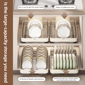 Support de plaque de bol d'armoire de cuisine, accessoires extensibles en acier inoxydable, support organisateur de rangement de comptoir, panier de vidange extractible